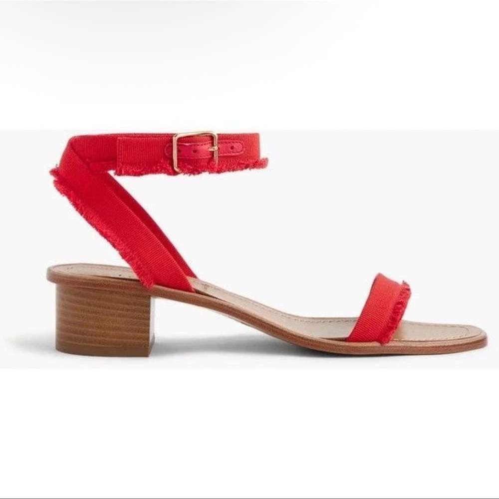 J. Crew Fringed Grosgrain Ribbon Block-Heel Sandals Made In Italy Red Sz 8